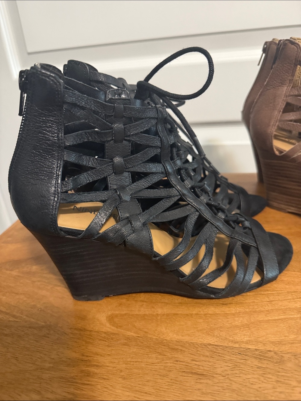 NINE WEST Women's Black Lace-Up Wedge Sandals